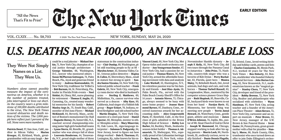 New York Times front page lists 1,000 coronavirus deaths to mark tragic 100,000 milestone