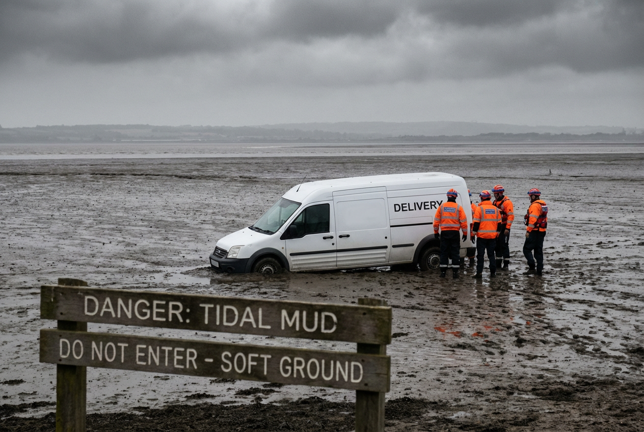Amazon Van Stranded After GPS Mishap on UK Mudflats